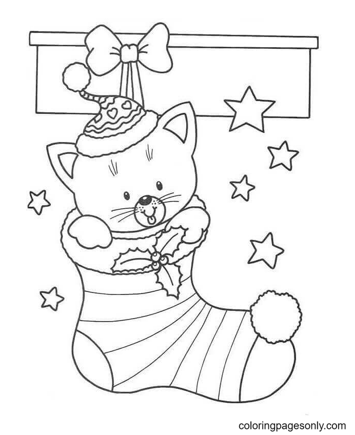 Kitten In Christmas Stocking Coloring Page