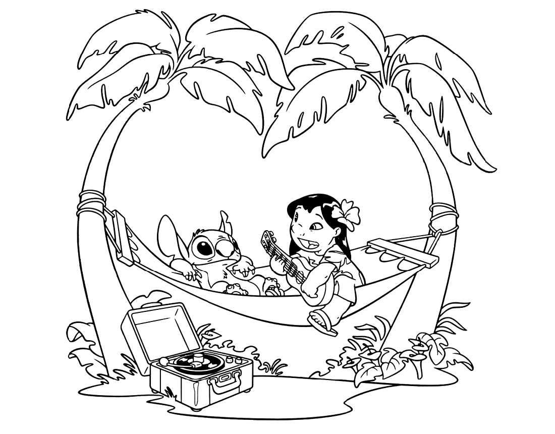 Lilo And Stitch Relaxing On Hammock Coloring Page