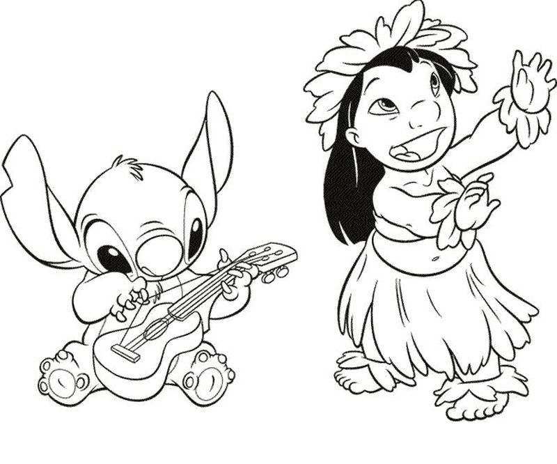 Lilo Dancing and Stitch Playing Guitar Coloring Page
