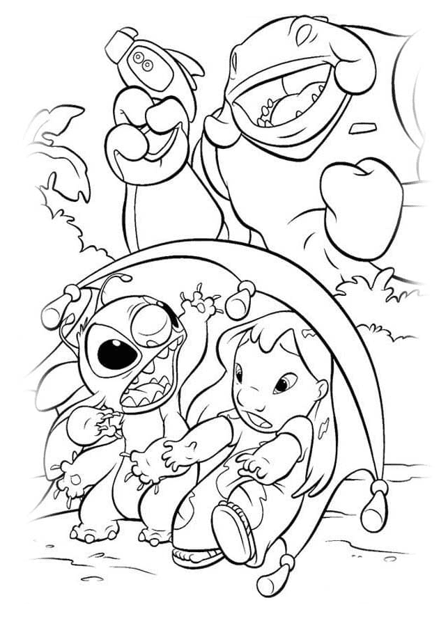 Lilo and Stitch Run Away from the Monster Coloring Page