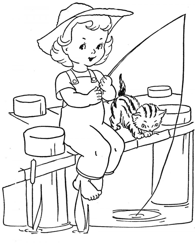 Bambina che pesca con la pagina da colorare del gatto