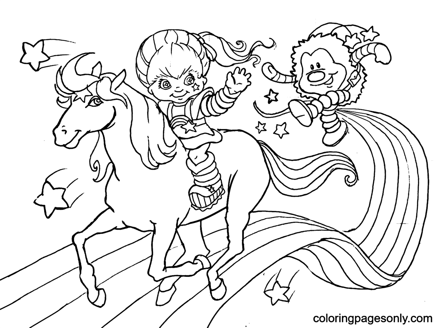Little Girl Riding A Horse On A Rainbow Coloring Pages