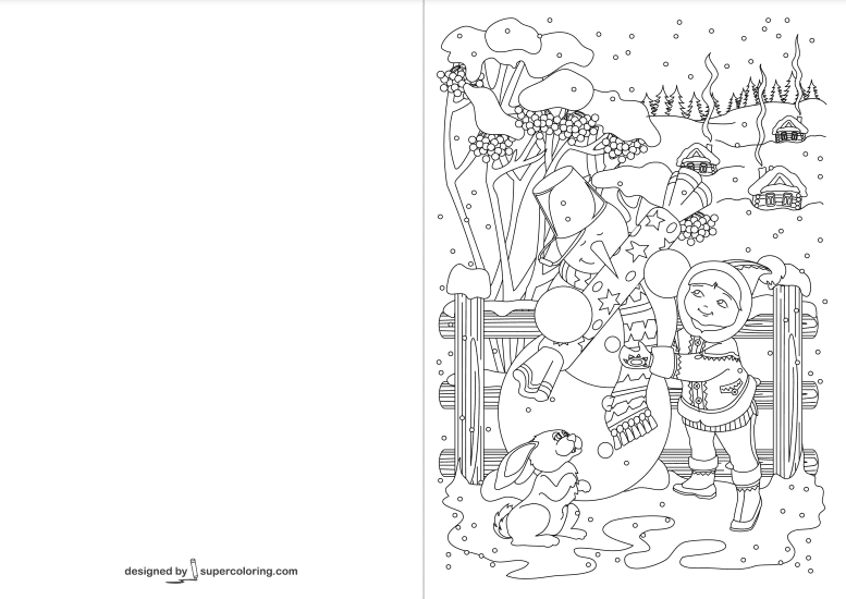 Little Girl is Hugging a Snowman with Huge Candy Card Coloring Page
