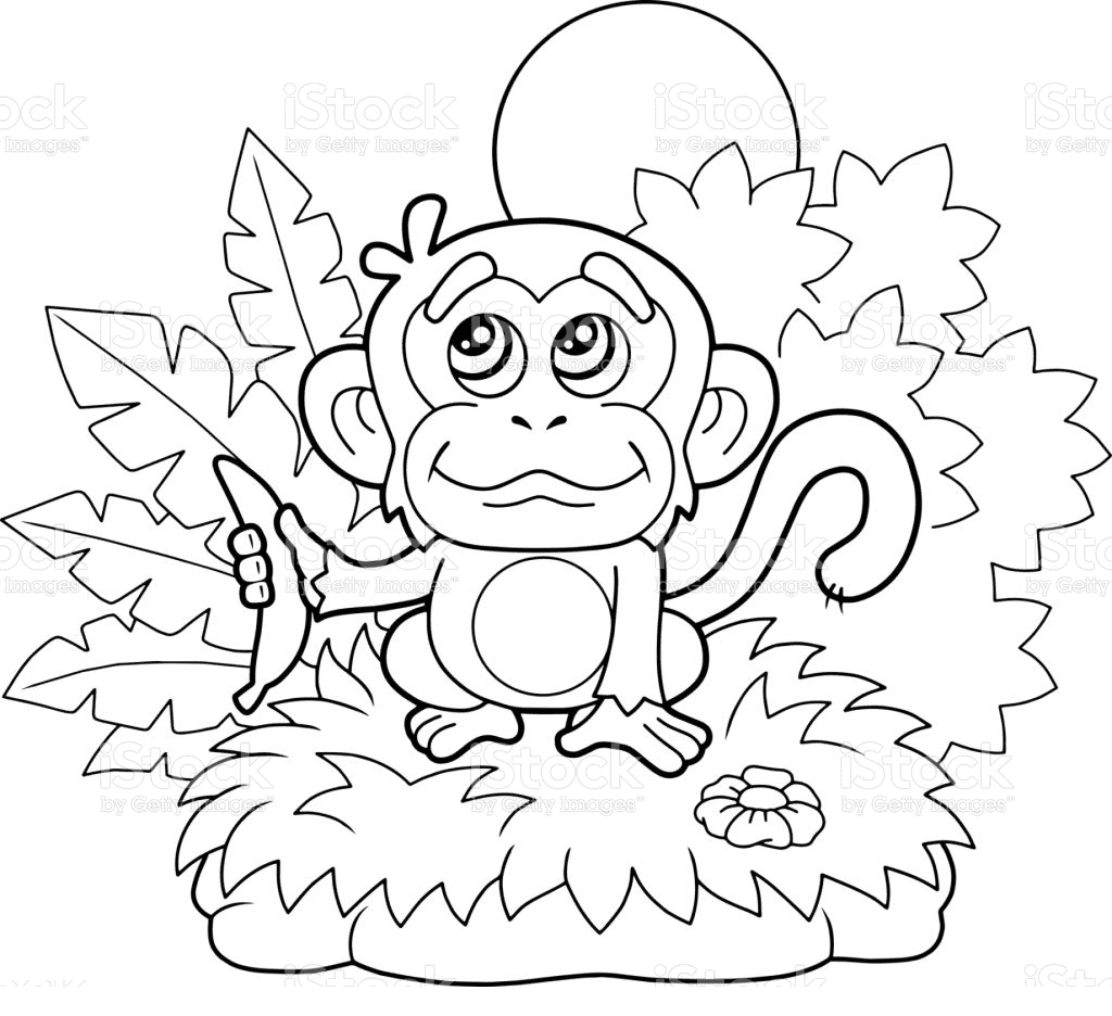 Little Monkey with a Banana in Hand Coloring Page
