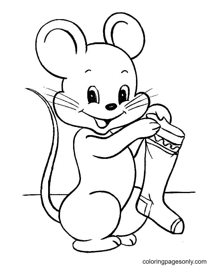 Little Mouse with Christmas Stocking Coloring Page