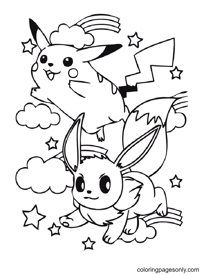 Desenhos de Pikachu e Eevee 1 para Colorir e Imprimir