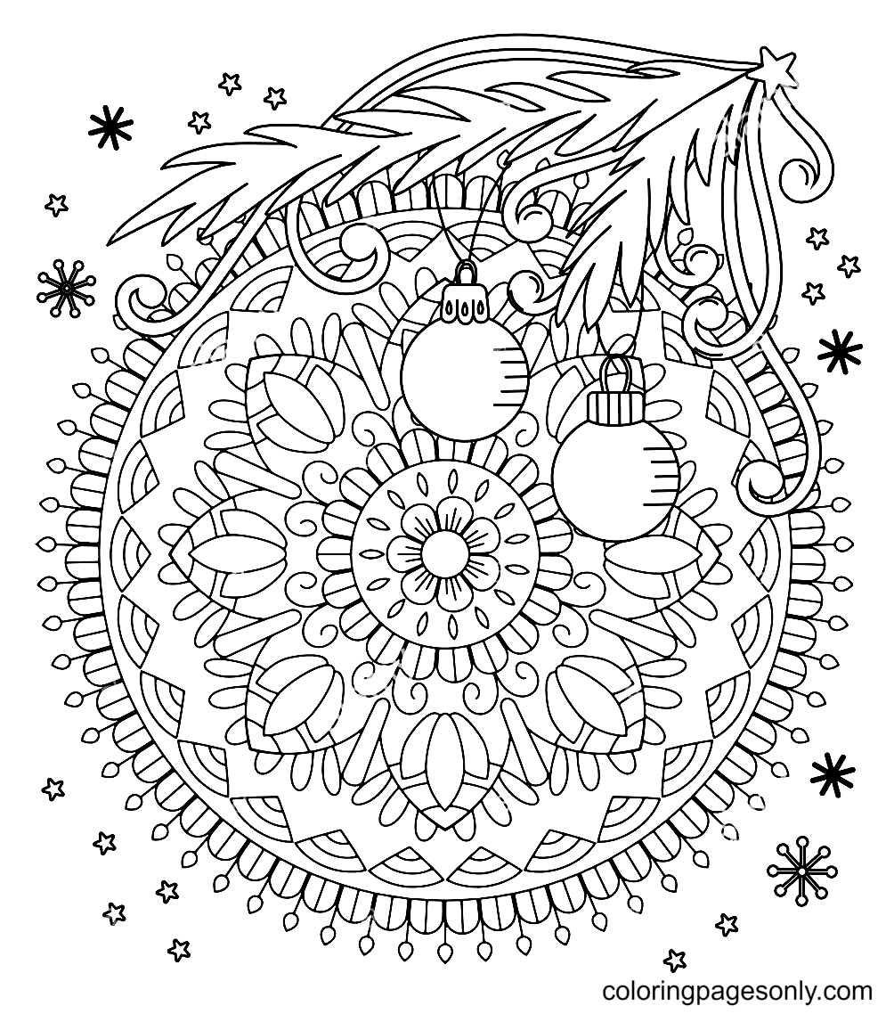 Mandala Christmas Decorations, Balls and Snowflake Coloring Page