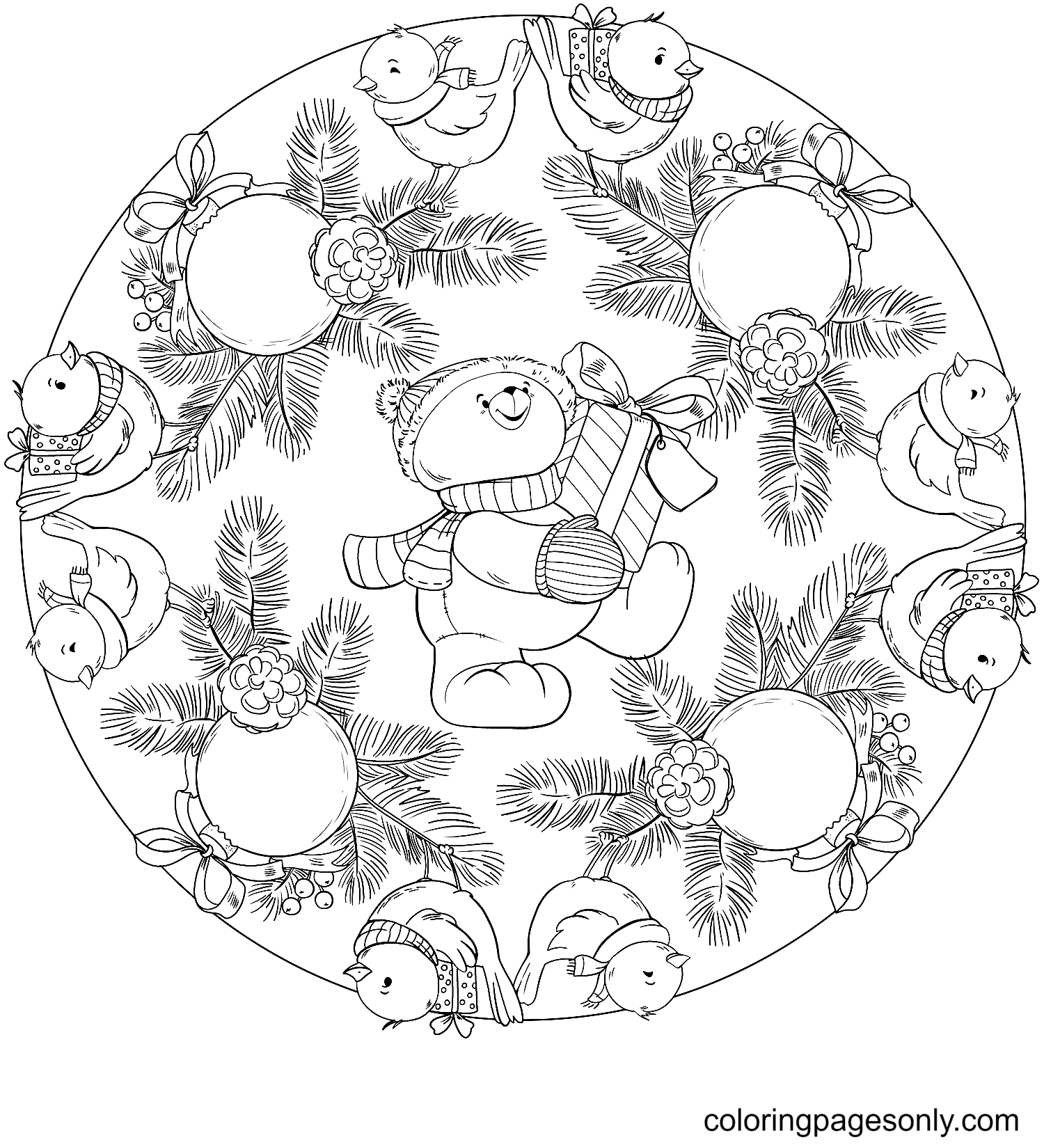 Mandala Christmas Ornament, Birds and Teddy Bear Coloring Pages