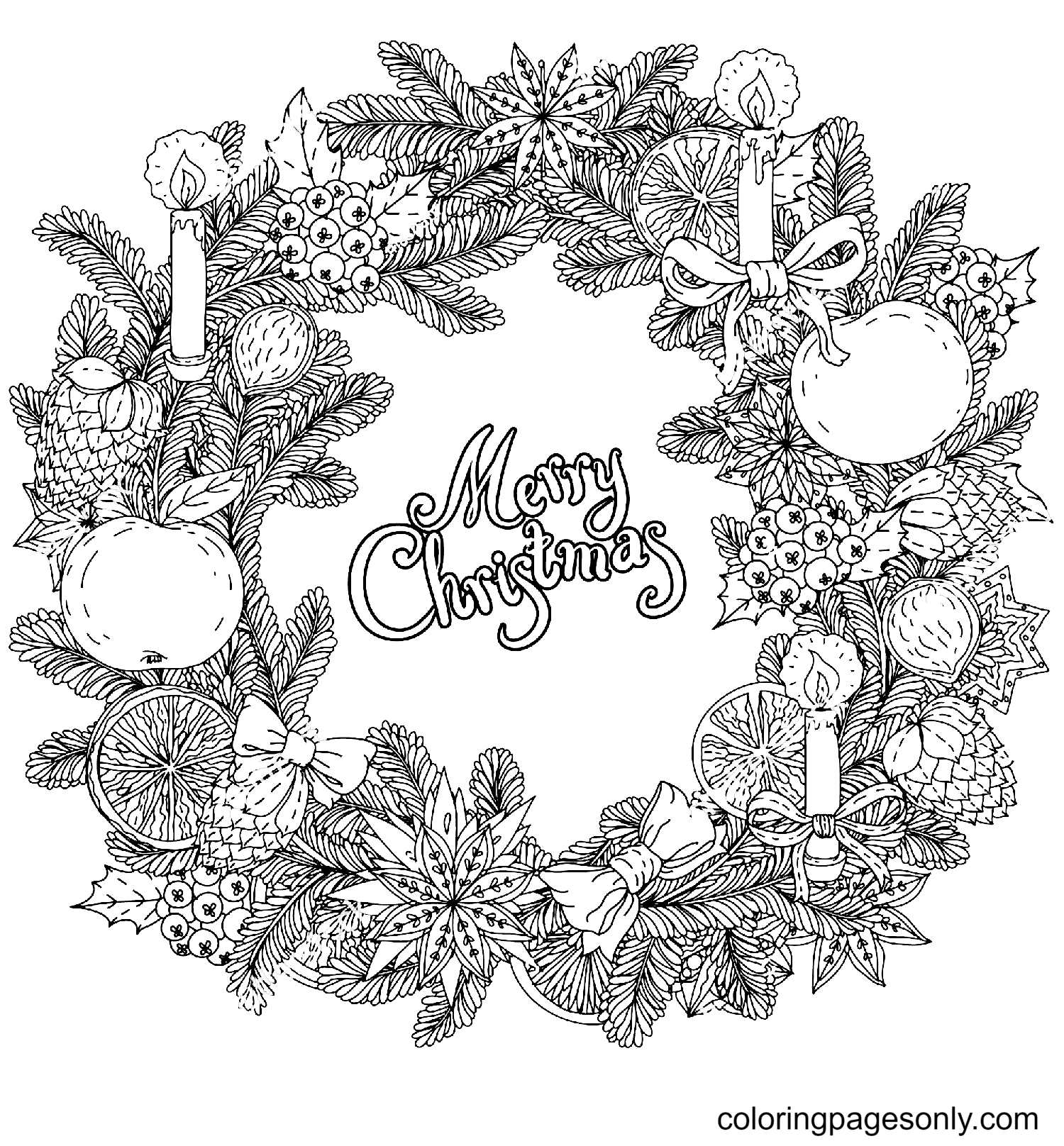 Mandala Christmas Wreath with Ornaments Coloring Page
