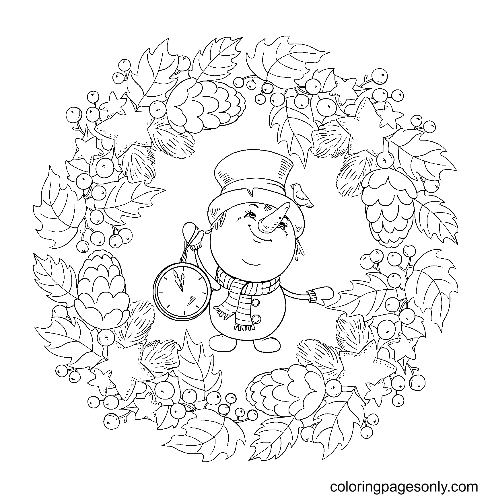 Mandala with a Snowman Holding a Clock Coloring Pages