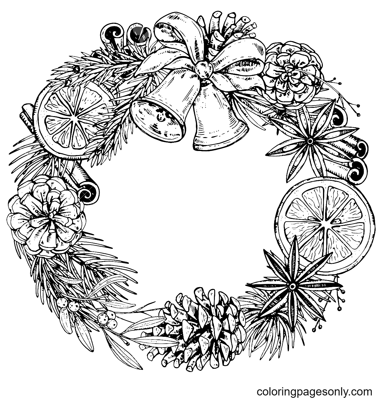 Merry Christmas Wreath with Pine Cones, Spices, Bells Coloring Page