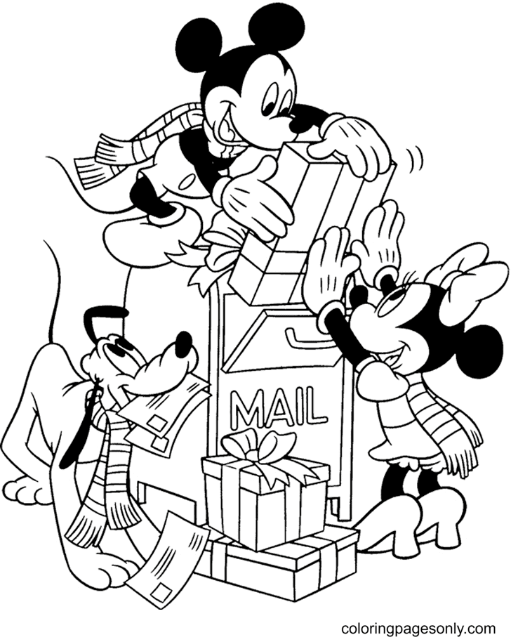 Mickey, Minnie, Pluto with Christmas Gifts Coloring Page