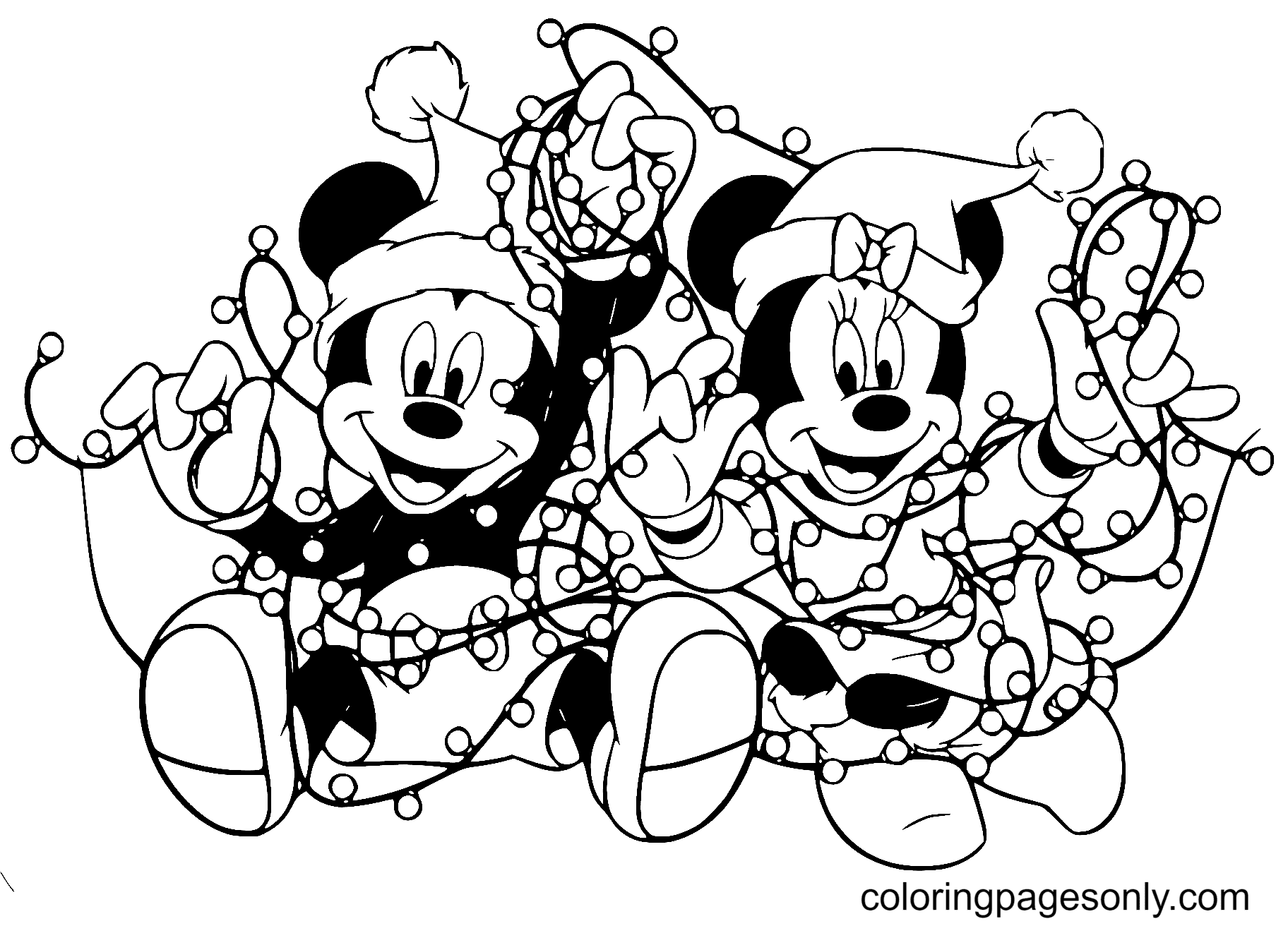 Mickey Minnie Tangled in Christmas Lights Coloring Page