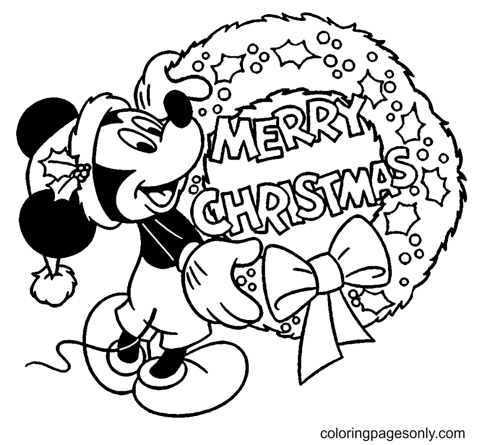 Micky Maus hält einen Weihnachtskranz zum Ausmalen hoch