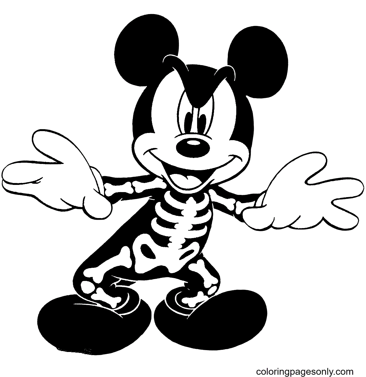 Mickey Mouse as a Skeleton Coloring Page