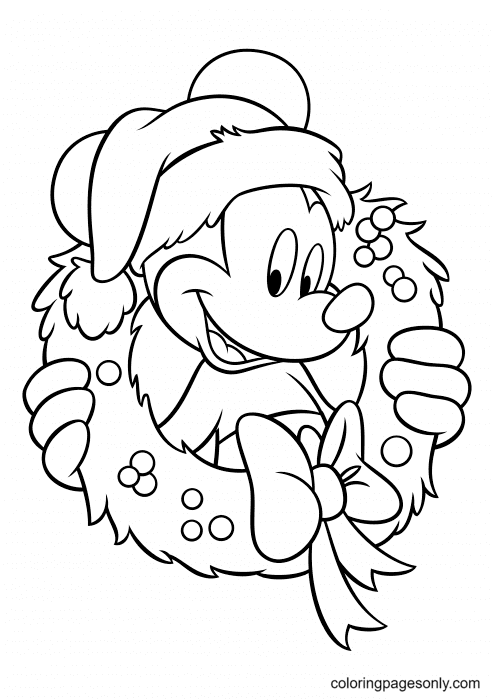 Mickey Mouse with Christmas wreath Coloring Page