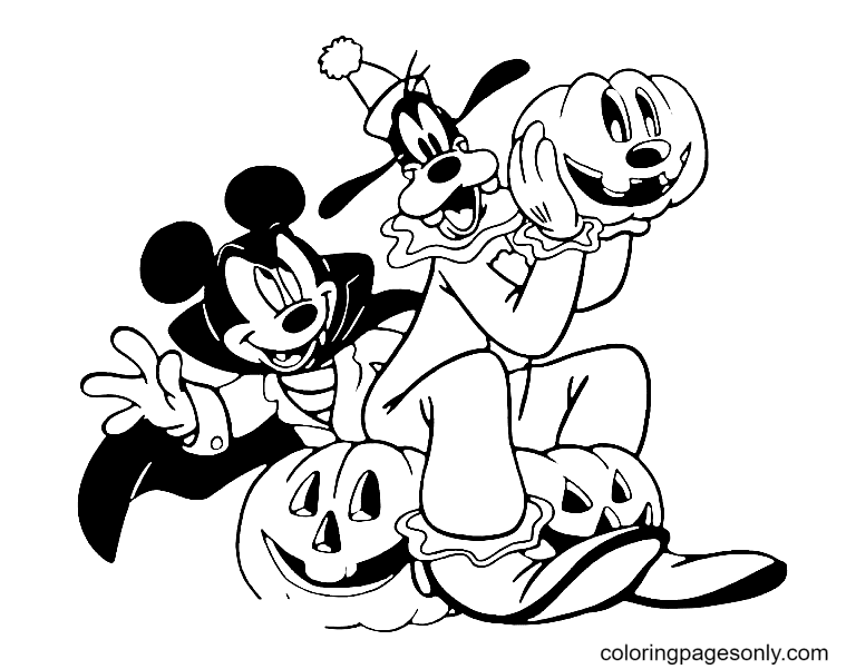 Mickey and Goofy on Hallween Coloring Pages