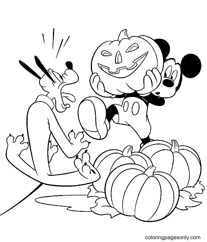Mickey and Pluto on Halloween Coloring Page