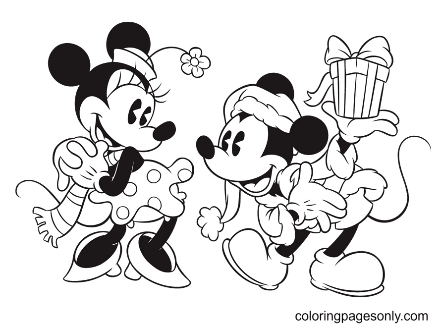 Mickey überreicht Minnie ein Weihnachtsgeschenk von Disney Christmas
