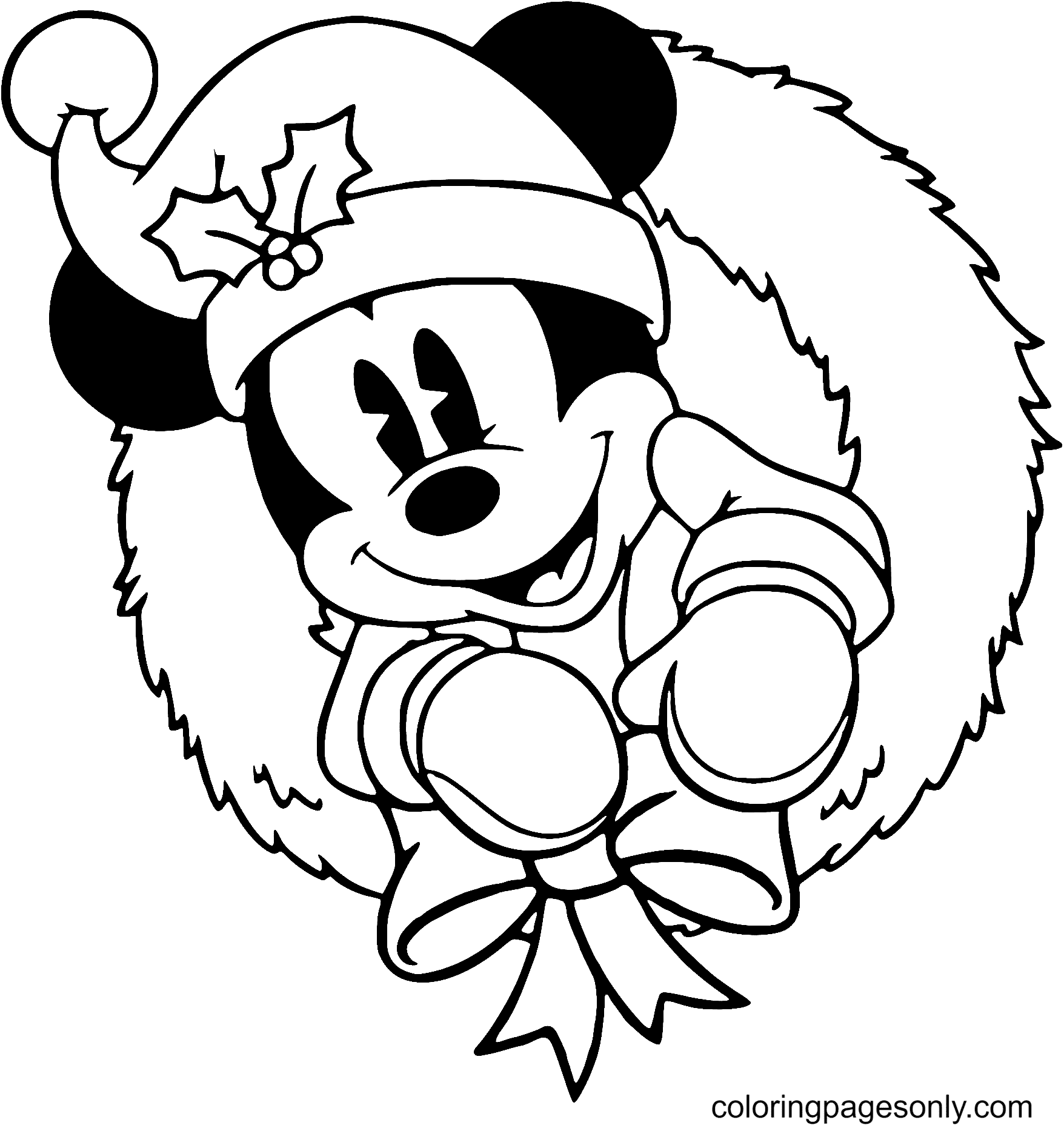 Mickey en una corona de Navidad Página para colorear