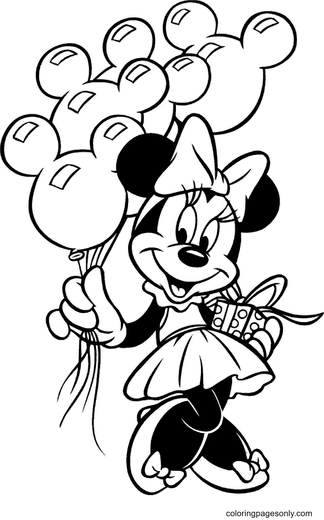 Minnie sosteniendo globos y cajas de regalo de Minnie Mouse