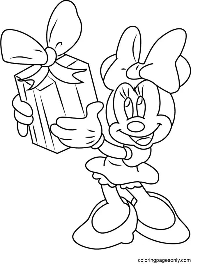 Minnie Mouse segurando uma grande caixa de presente de Minnie Mouse