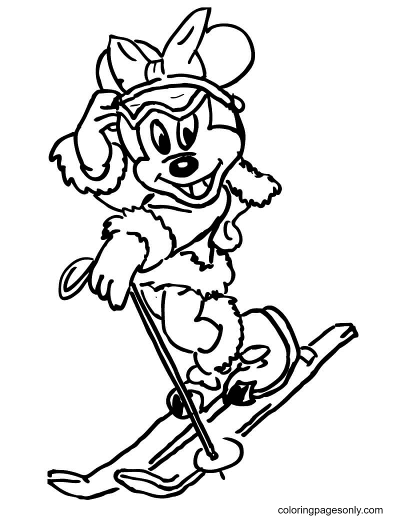 Раскраска Минни Маус на лыжах
