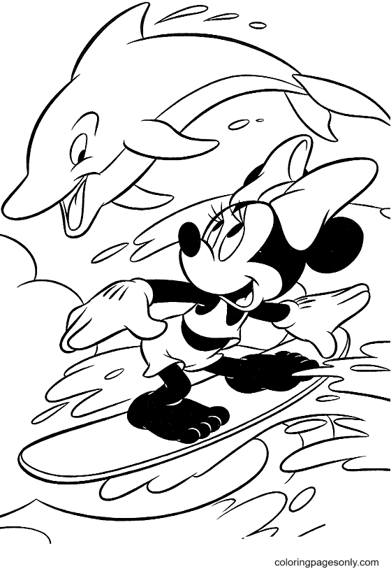 Minnie Mouse surfant et dauphin sautant par-dessus Minnie Mouse