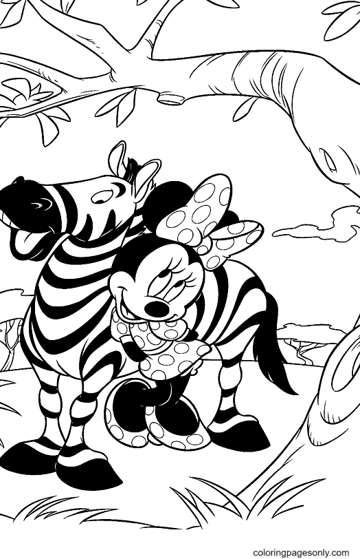 Minnie Mouse with Zebra Coloring Page