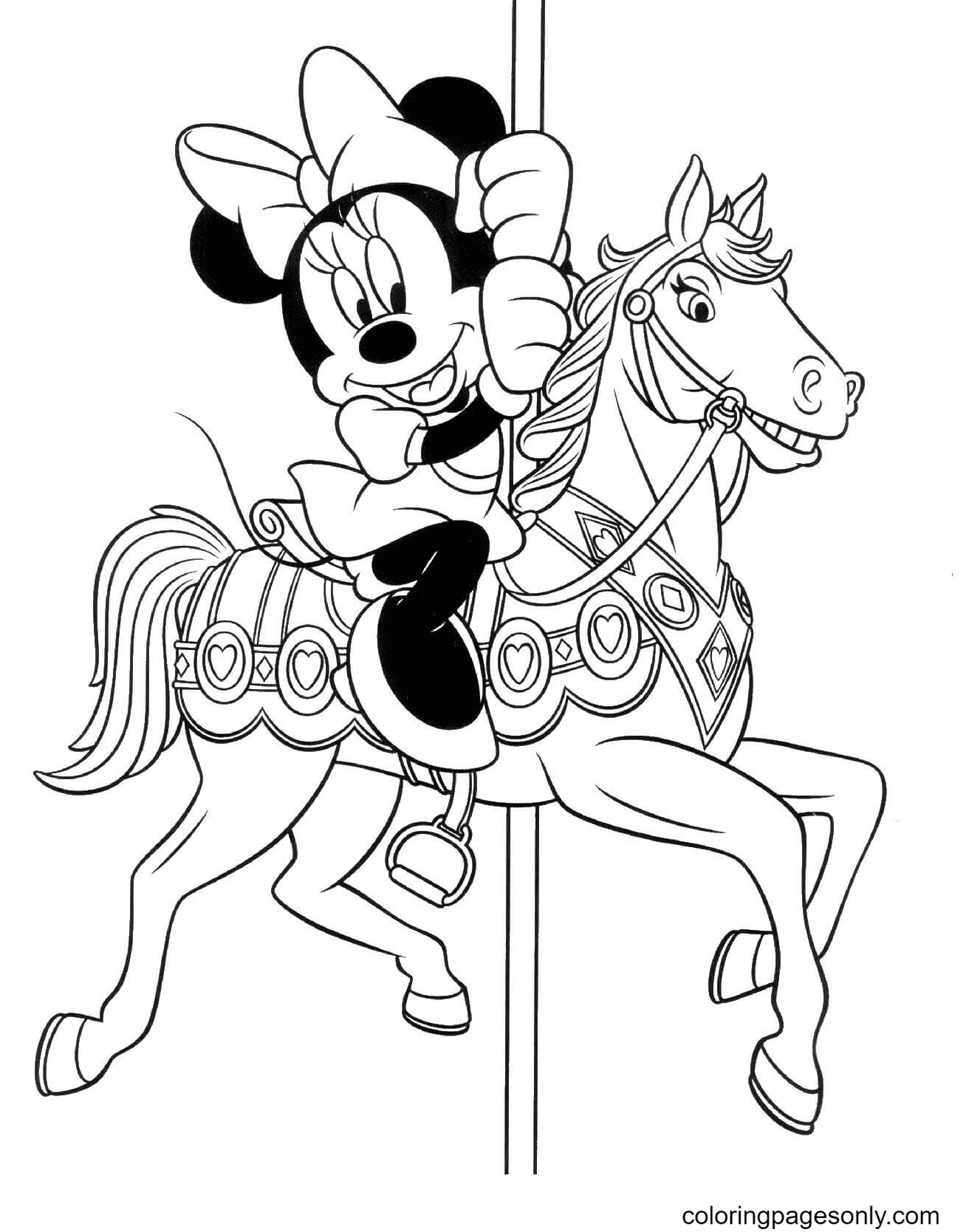 Minnie sur un cheval jouet de Minnie Mouse