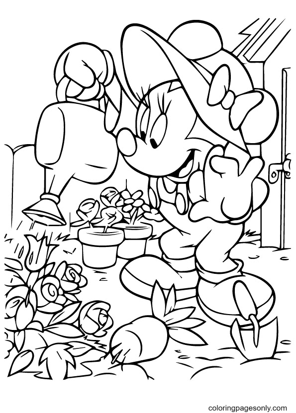 Minnie Watering Plants Coloring Page