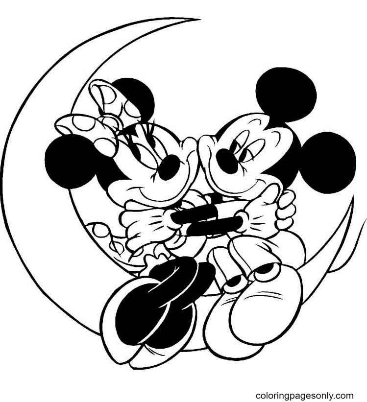 Minnie and Mickey Sitting on the Moon Coloring Page