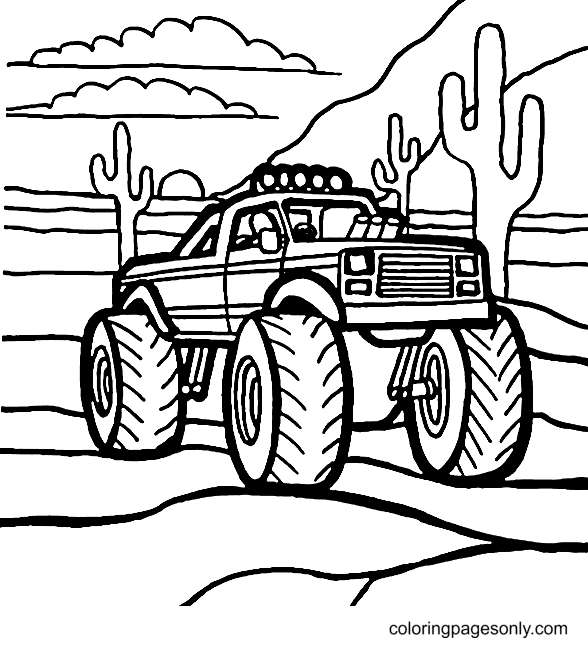 Monstertruck in de woestijn Kleurplaat