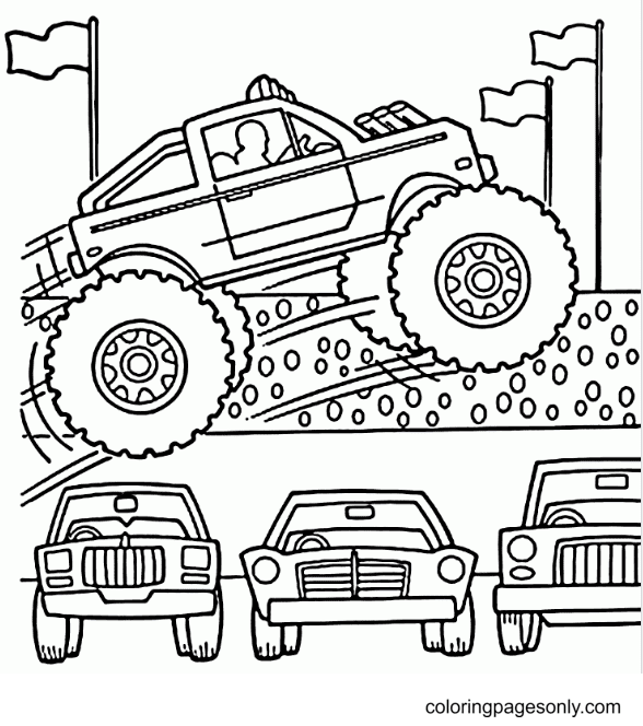 Monster Truck Jumps over Cars Coloring Page