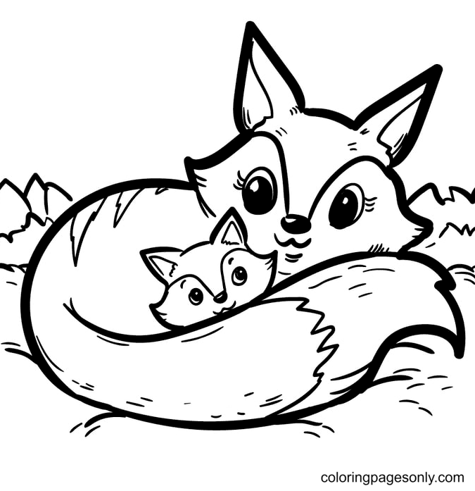 Mother Fox Wraps Tail to Protect Baby Fox Coloring Page