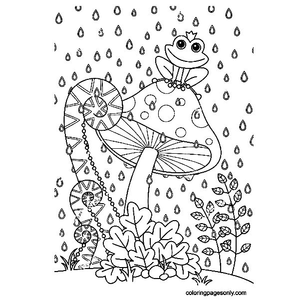 Mushroom with Funny Frog Coloring Pages