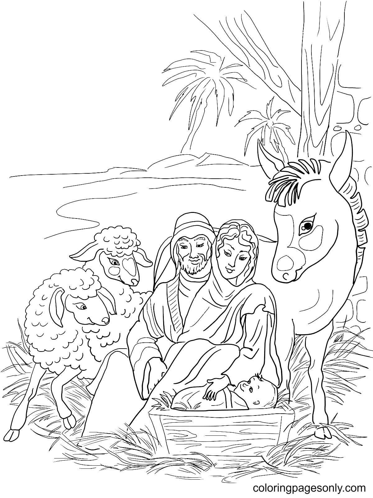 مشهد الميلاد مع العائلة المقدسة والحيوانات من عيد الميلاد الديني