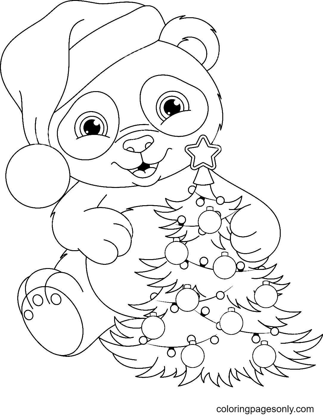 Panda, Xmas Tree and Christmas Lights Coloring Page