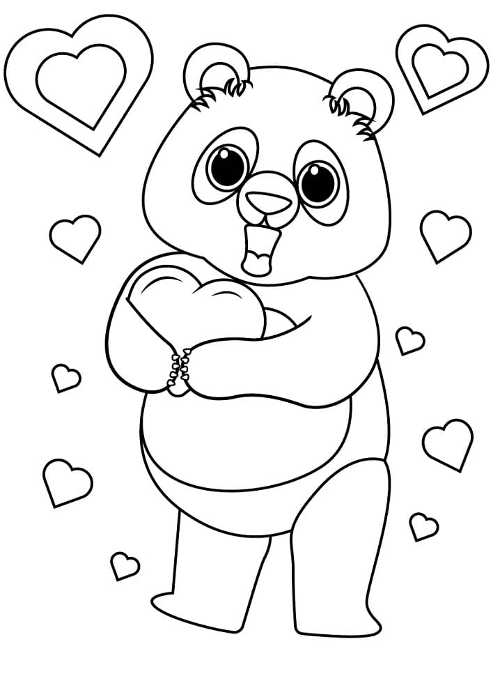 Panda with Hearts Coloring Page