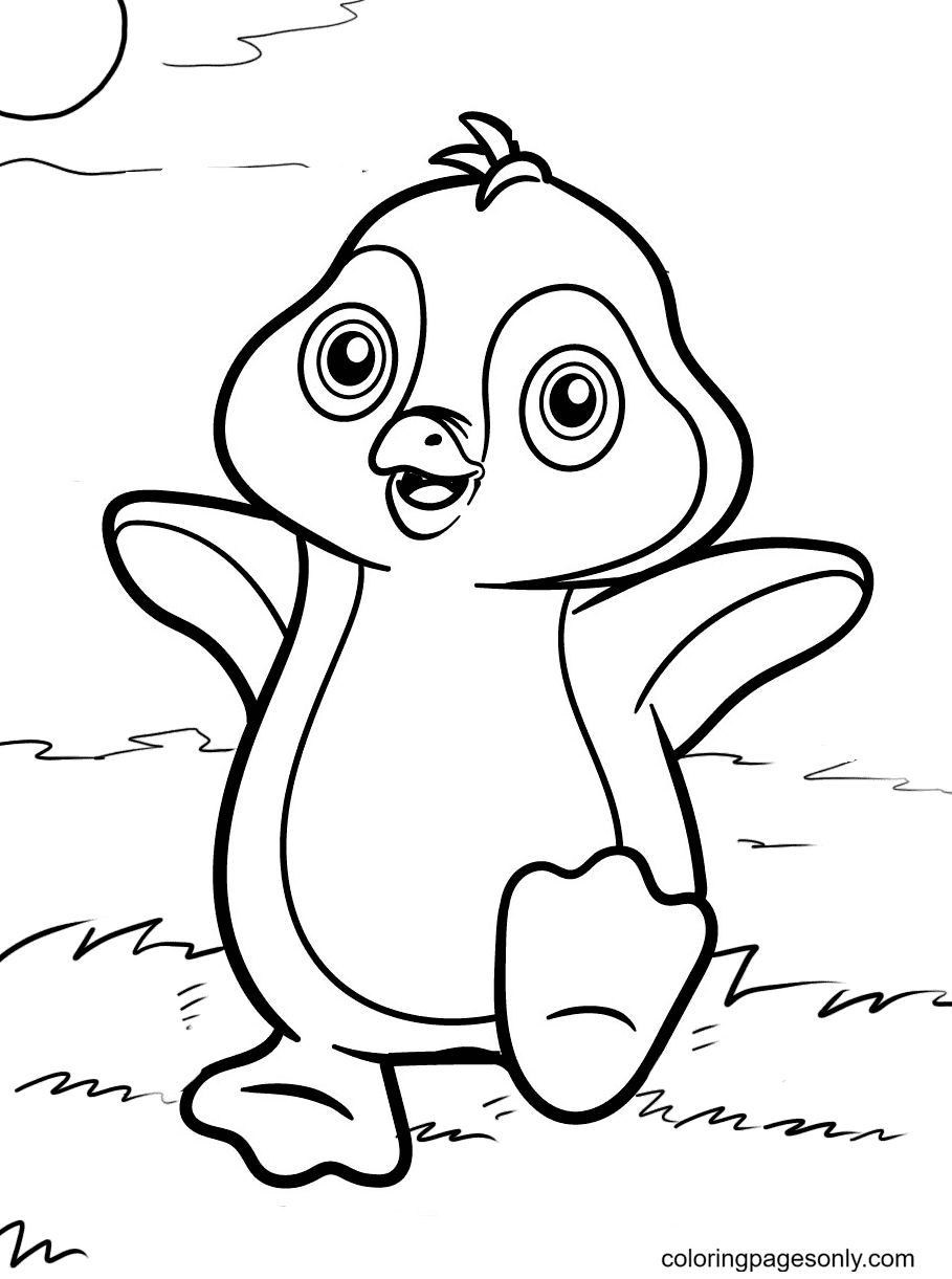 Penguin Running Through the Field Coloring Page