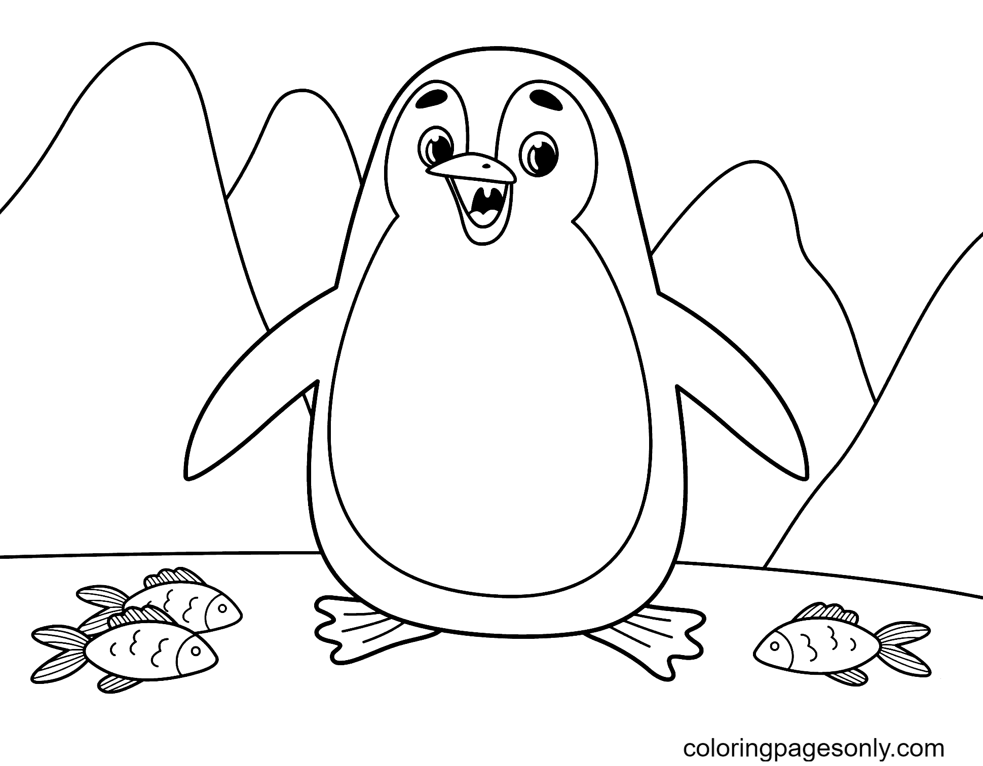 Penguin With Fish Coloring Page