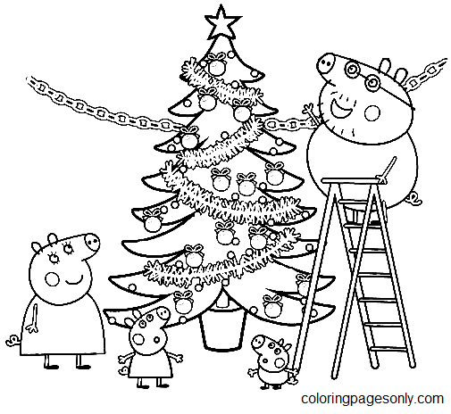 Pagina da colorare dell'albero di Natale di Peppa Pig