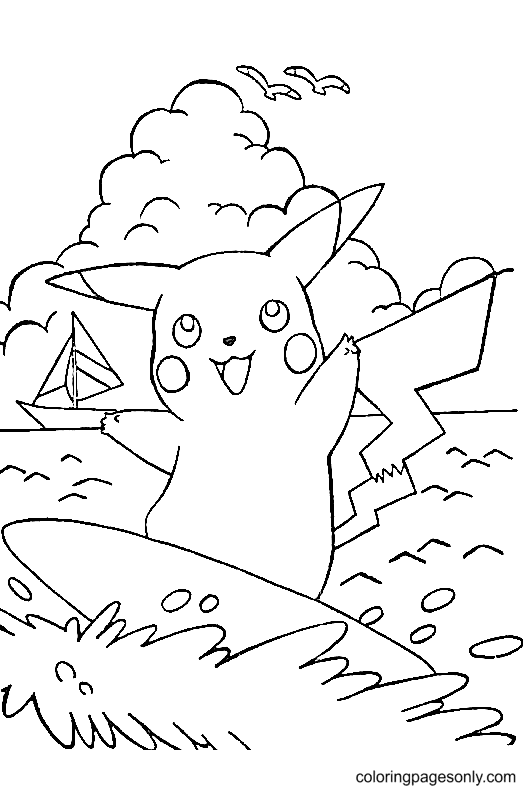 Pikachu sur planche de surf de Pikachu