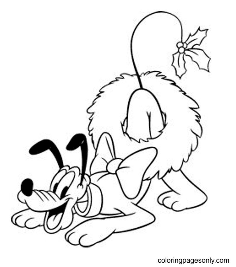 Pluto with Christmas Wreath Coloring Page
