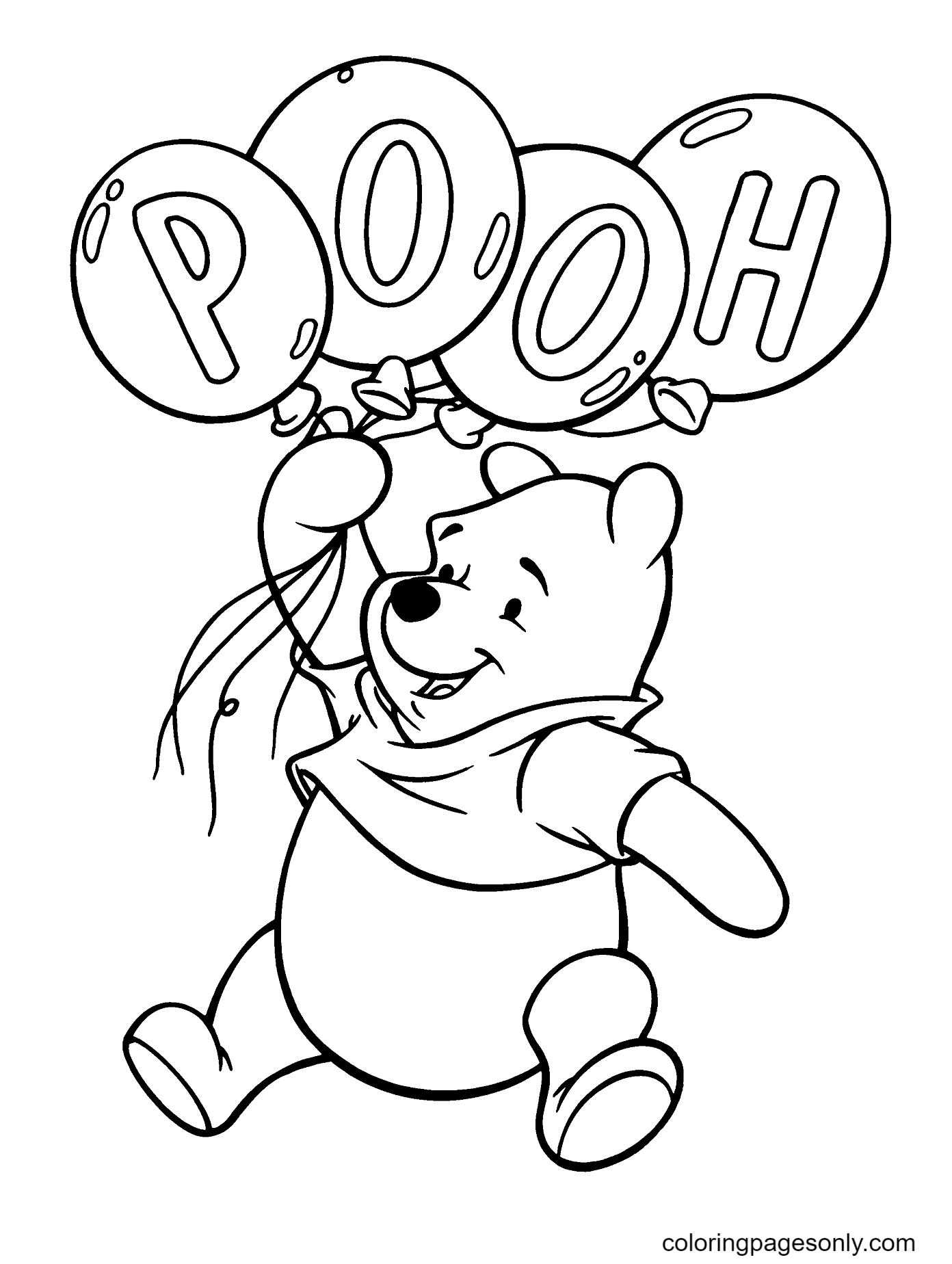 Pooh Bear with Balloons Coloring Page