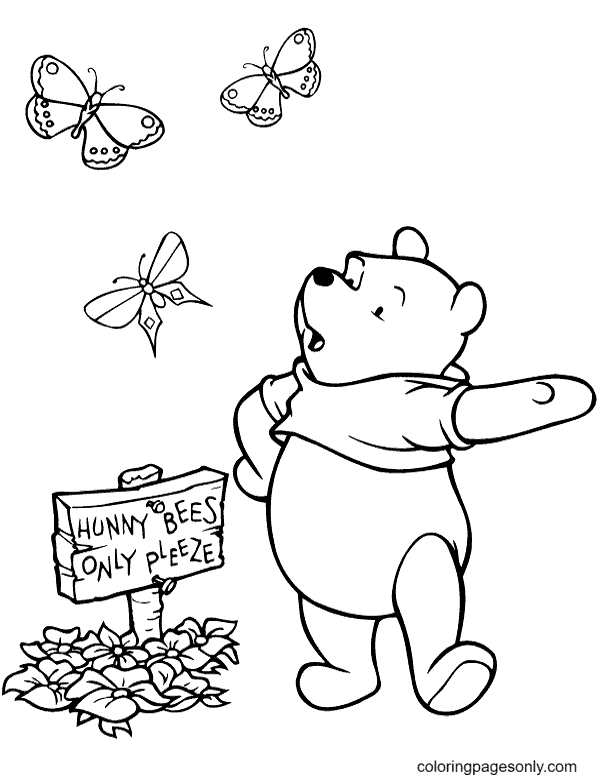 Dibujo para colorear del oso Pooh con mariposas