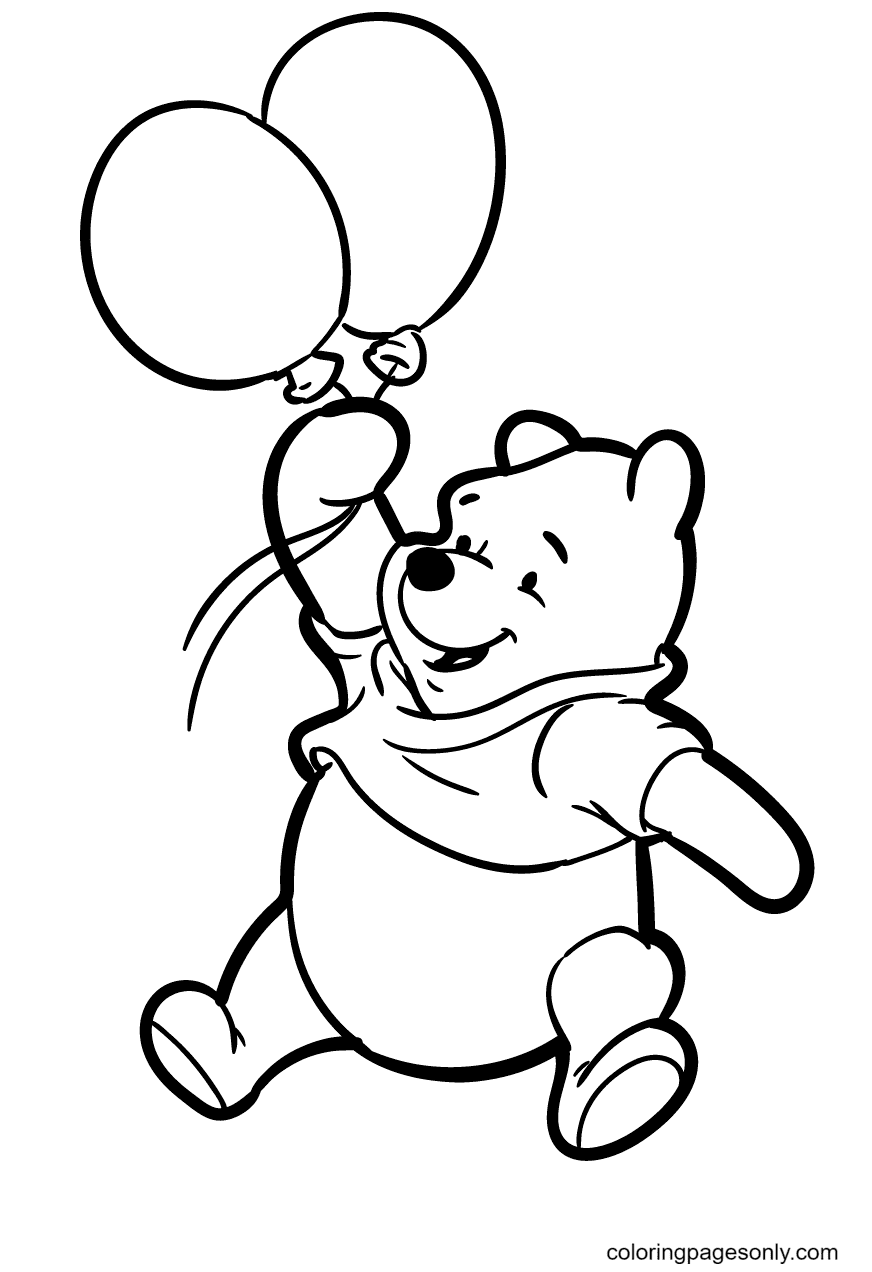 Poeh houdt twee ballonnen vast van Winnie de Poeh
