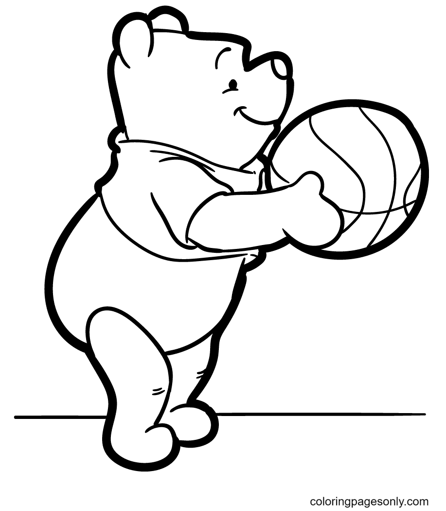 Pooh sosteniendo una pelota de baloncesto para colorear
