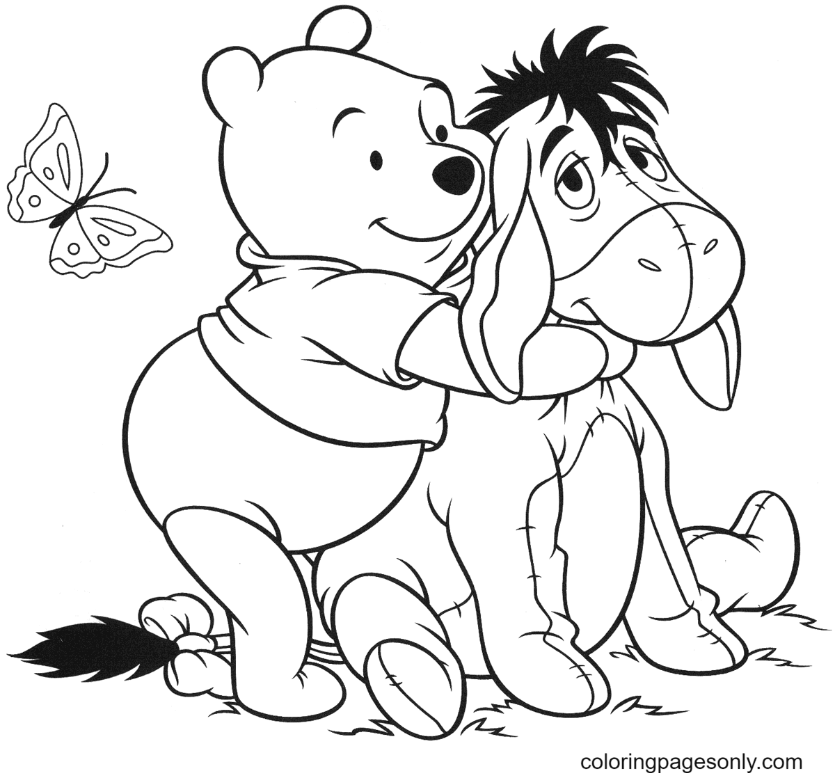 Pooh Hugs Eeyore Coloring Page