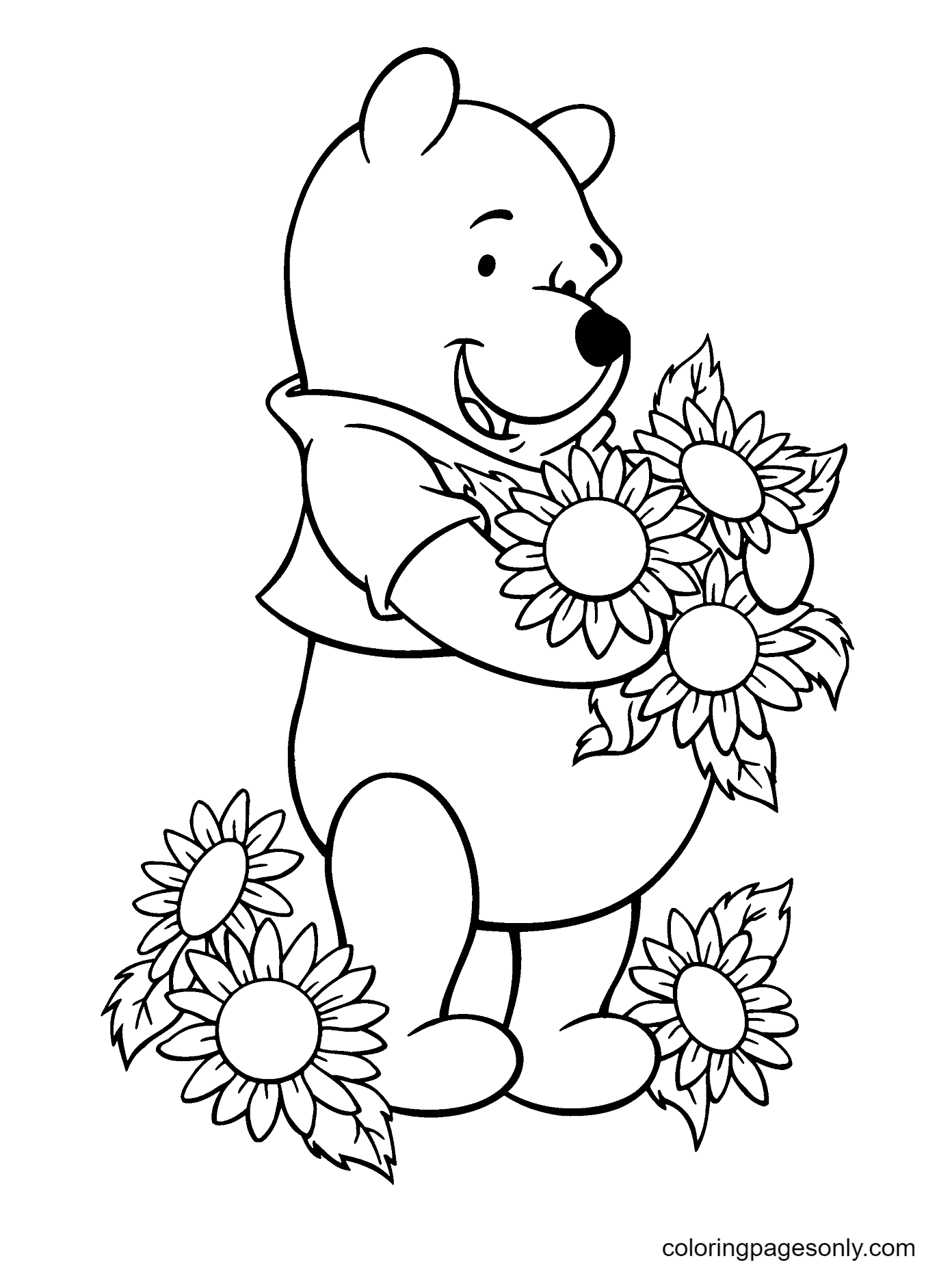 Pooh Loves Flowers Coloring Page